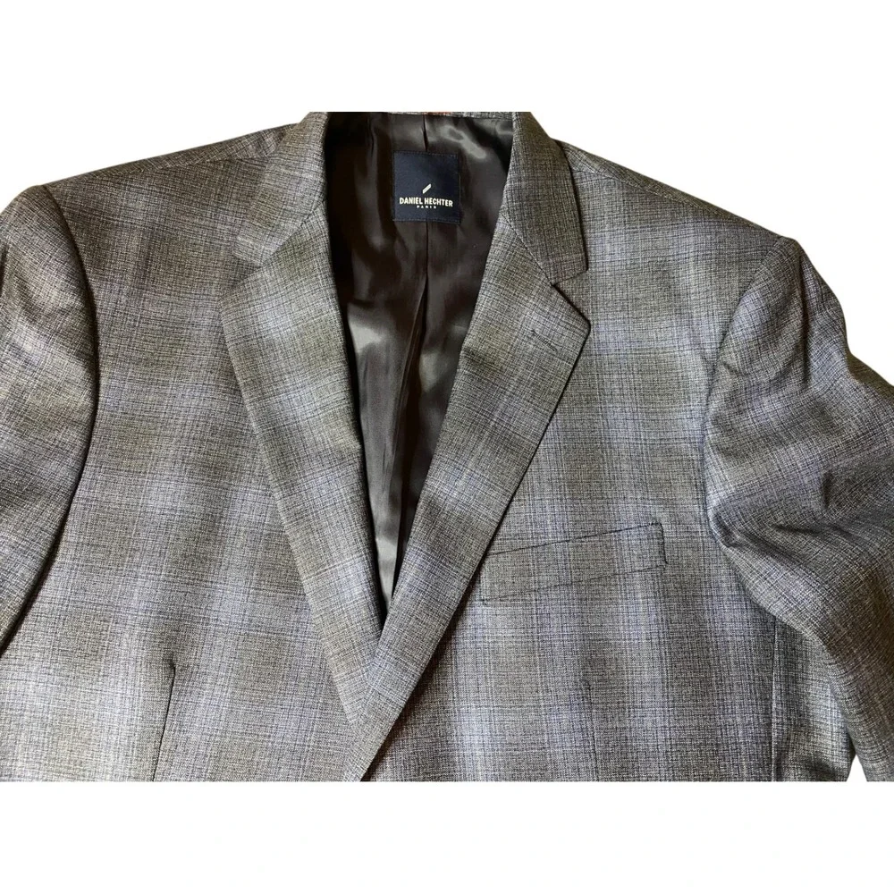 Daniel Hechter Paris Mens 42L Blue Grey Plaid Wool Blend Blazer Sport Coat